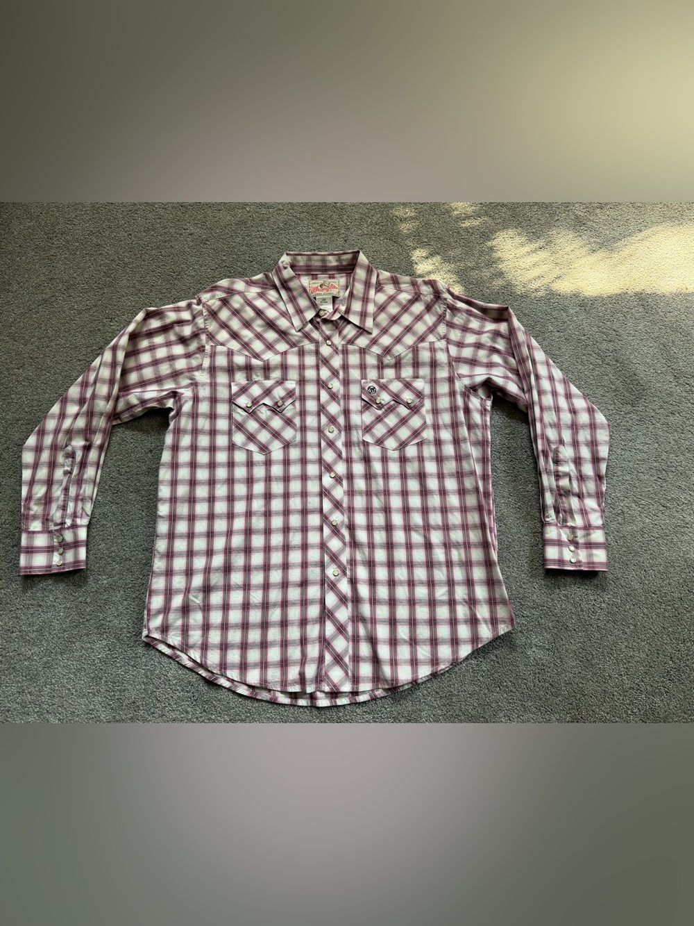 Size L - Wrangler Western Shirt Mens Purple White Plaid Pearl Snap Long Sleeve